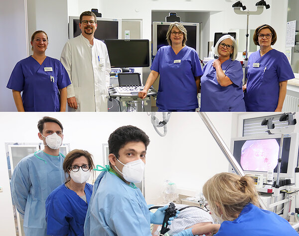 Die Leitenden Oberärzte Dr. Wolfgang Wistuba (oben, 2.v.l.) und Dr. Ali Ayvaz (unten, Mitte) und ihre Teams bieten nun auch die Endosonografie in Buchloe und Füssen an. | © Kliniken Ostallgäu-Kaufbeuren